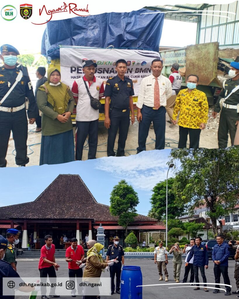 Pemusnahan rokok dan miras ilegal sitaan Bea Cukai Madiun oleh DLH Ngawi, Satpol PP, Kejari, dan Denpom di Pendopo Wedya Graha.