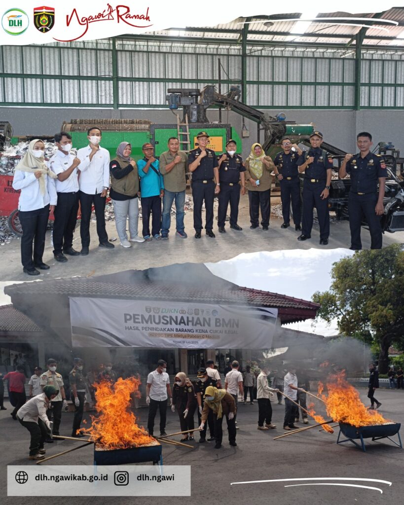 Pemusnahan rokok dan miras ilegal sitaan Bea Cukai Madiun oleh DLH Ngawi, Satpol PP, Kejari, dan Denpom di Pendopo Wedya Graha.