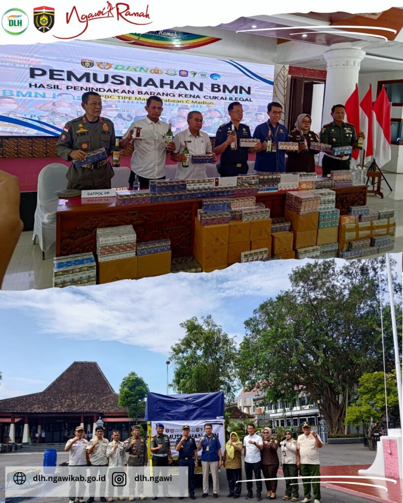 Pemusnahan rokok dan miras ilegal sitaan Bea Cukai Madiun oleh DLH Ngawi, Satpol PP, Kejari, dan Denpom di Pendopo Wedya Graha.